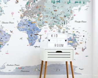 Educational World Map Wall Decal with Countries, Borders, Landmarks | Cool Tones | Nursery Decor | Kids World Map | Wallpaper Wall Cling