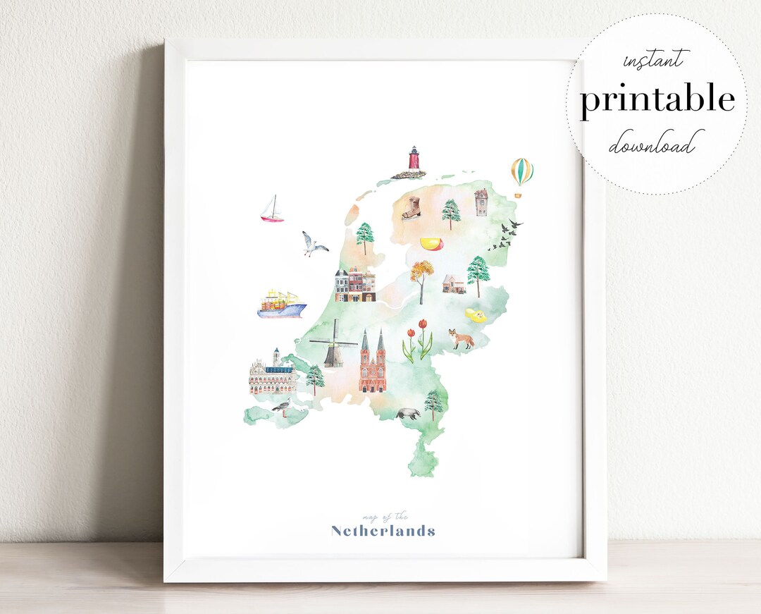 Netherlands Illustrated Map Printable Wall Art Print Nursery - Etsy