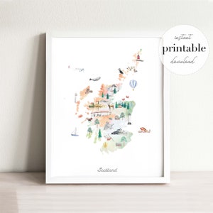 Scotland Illustrated Map Printable | Nursery Decor Wall Art Print | Travel Print | Kids Room Travel Art | Animal Map | UK Country Map