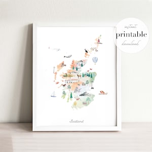 Schottland Illustrierte Karte Printable | Kinderzimmer Deko Wand Kunstdruck | Reise Druck | Kinderzimmer Reise Kunst | Tierkarte | UK Country Karte