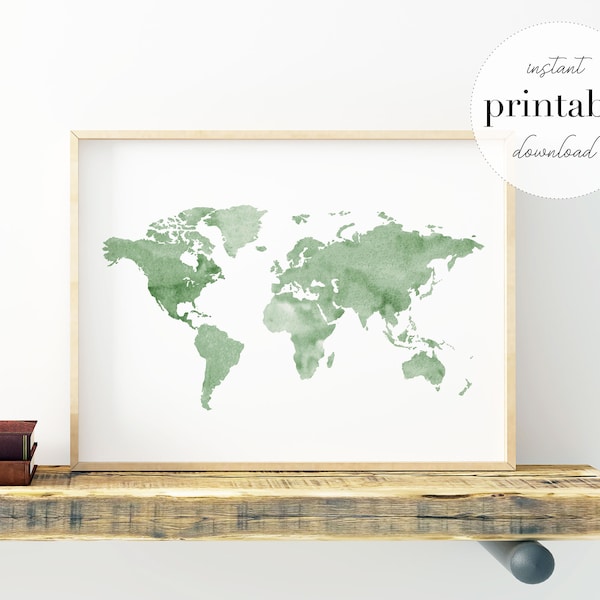 Green World Map Printable, illustration, wall art print, nursery decor, world map, kids room, travel print, travel art, wall map, green