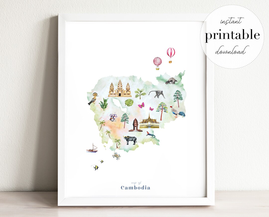 Cambodia Illustrated Map Printable, Wall Art Print, Nursery Decor ...