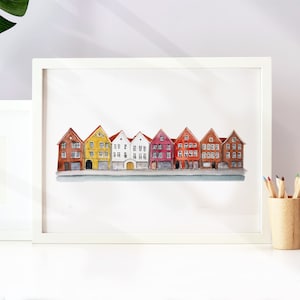 Norway Bryggen Waterfront Illustrated Art Print | Norway | Travel Art Print | Street Drawing | Norway Travel Print | Scandinavian Decor