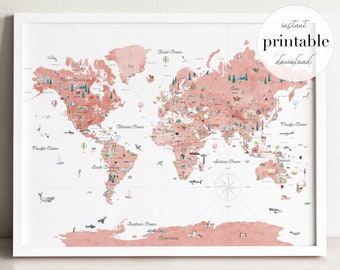 Pink Educational World Map Printable | Nursery Decor World Map | Countries Map Print | World Map Wall Art | Homeschooling Montessori