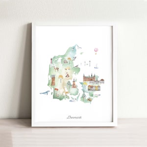 Denmark Map Art Print, wall art, nursery decor, kids room, map poster, denmark map, travel map, watercolor map, boho, danish, scandinavian