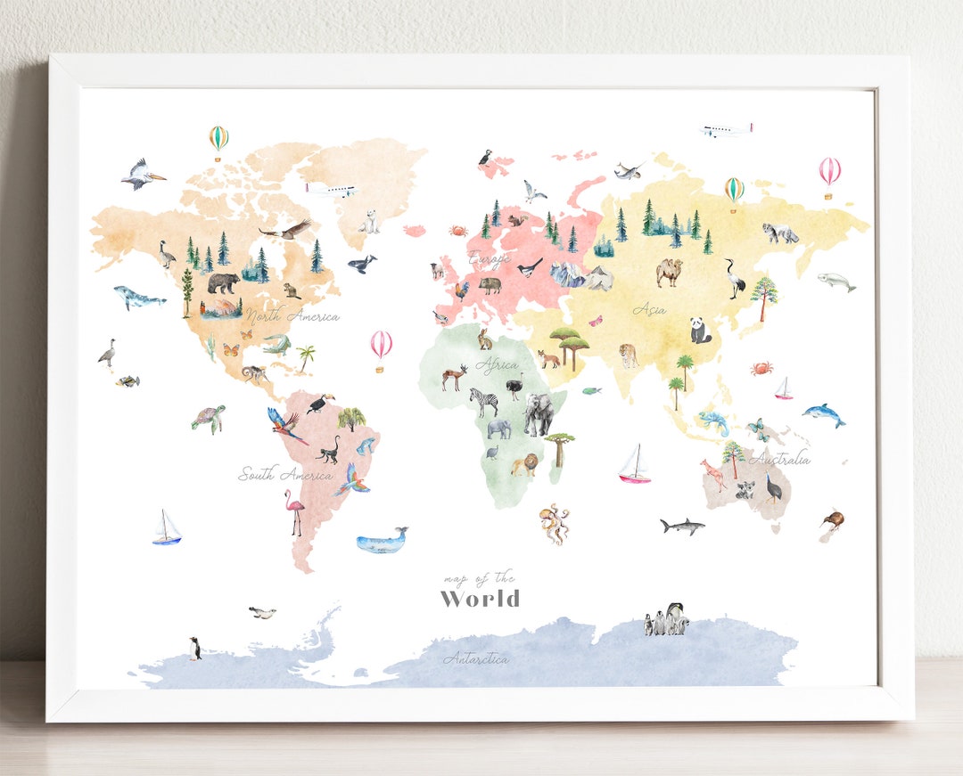 Colorful Animal World Map Nursery Art Print Kids Room Travel Decor Wall ...