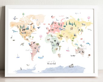 Colorful Animal World Map | Nursery Art Print | Kids Room Travel Decor | Wall Map Art Print | Watercolor Map of the World | Kids World Map