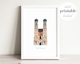 Munich Frauenkirche Printable, cathedral, watercolor landmark, wall art print, nursery decor, landmark, germany, kids room, travel print