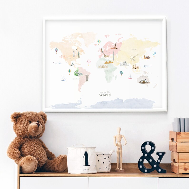 Colorful Landmarks World Map Printable Wall Art Print Etsy
