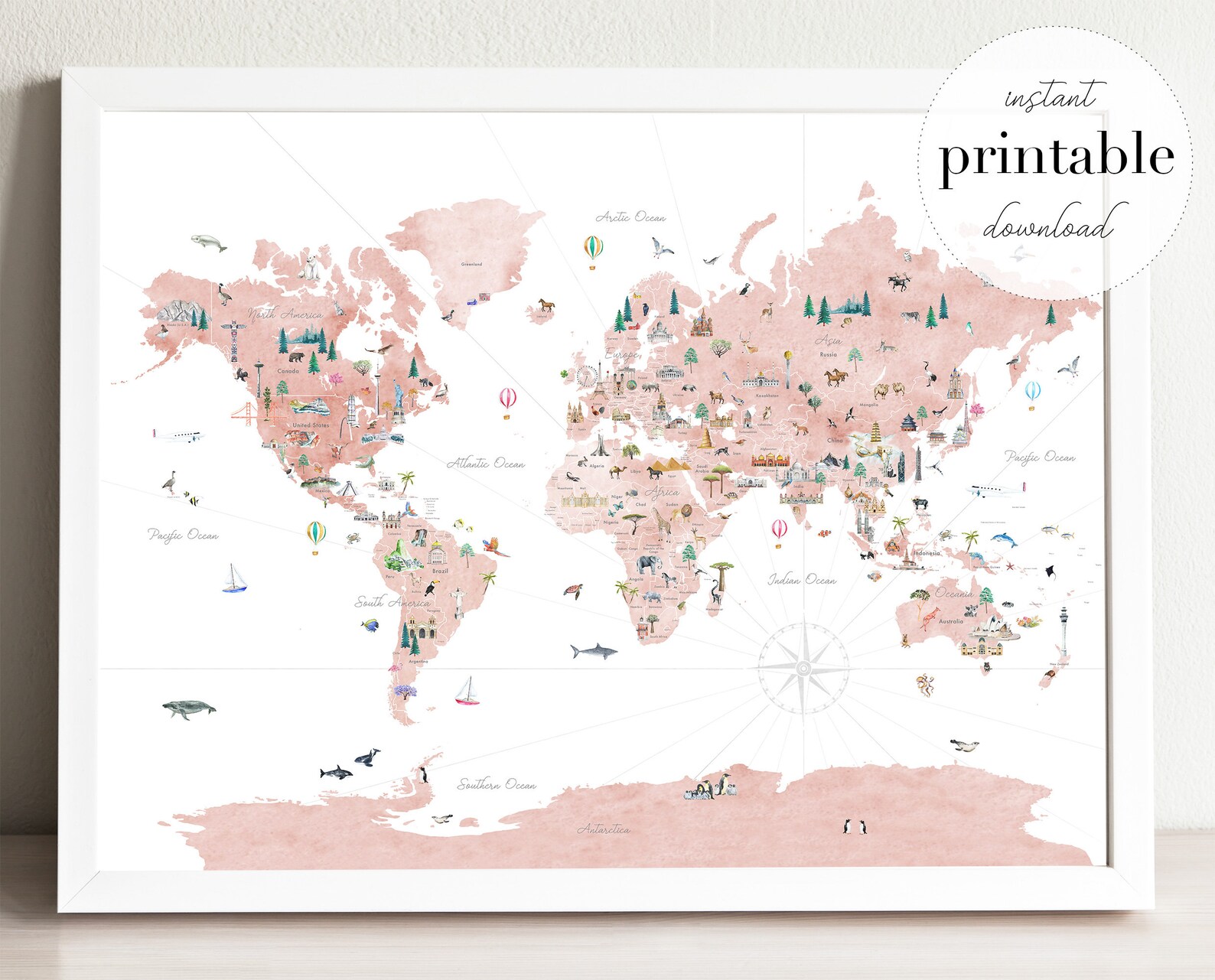 Pink Educational World Map Printable Nursery Decor World Map Etsy