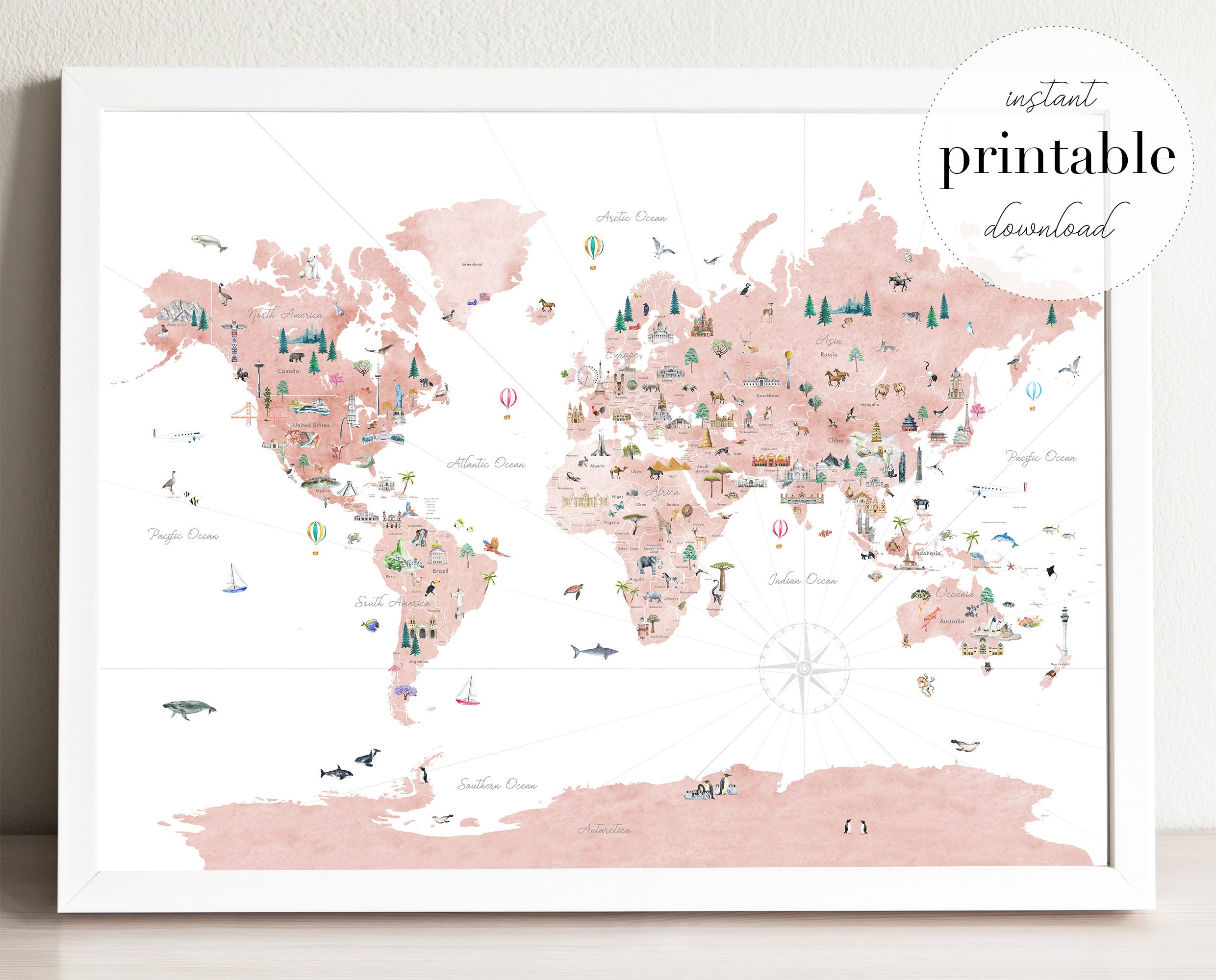 Pink Countries World Map Printable wall art print nursery | Etsy