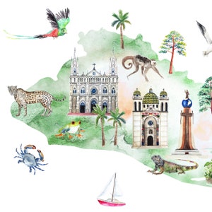 Puede incluir: Ilustraci&oacute;n acuarela de un mapa de Colombia con varios monumentos y animales. El mapa es verde y azul con fondo blanco. Los monumentos incluyen una iglesia, una estatua y un velero. Los animales incluyen un jaguar, una rana, un lagarto, un cangrejo, un mono y un p&aacute;jaro.