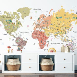 Erdtöne Lernweltkarte Wandtattoo | Verspielt Kinderzimmer Dekor | Kids Travel Map | Kinder Weltkarte | Wallpaper Karte | Selbstklebende Wanddeko