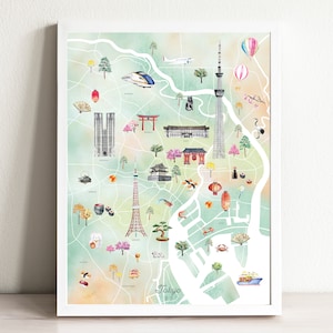 Tokyo Karte Kunstdruck | Aquarell Wandbild, Wanddekor, Schlafzimmerdeko, Wohndekor, Einweihungsgeschenk, Kinderzimmerdeko, Reise, Kinderzimmer