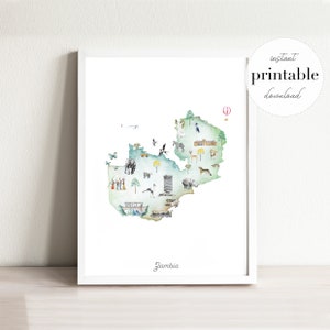 Sambia Illustrierte Karte Printable | Wand Kunstdruck, Aquarell Karte, Landkarte, Landkarte, Landkarte, Kinderzimmer, Reise Druck, Landkarte, Afrika Karte