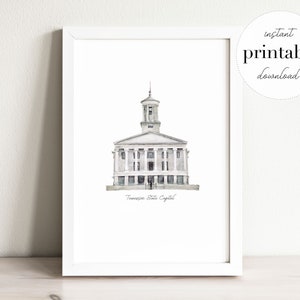 Tennessee State Capitol Printable, Illustration, Wandkunstdruck, Wohnkultur, USA Sehenswürdigkeiten, Reisedruck, Aquarell, Reisen, Nashville