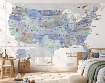 Winter Illustrated Reference United States Map with States, Landmarks, Animals | USA Map Wall Decal | Reference Series