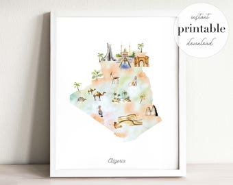 Algeria Map Print: Watercolor Landmarks, Travel Art (Digital Download)