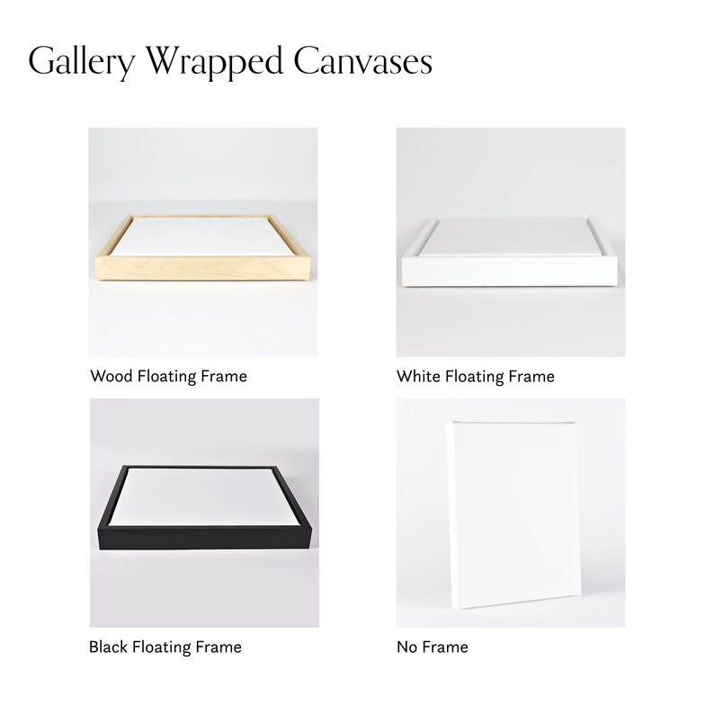 Op de afbeelding: Vier verschillende inlijstingsopties voor opgespannen canvas. De opties omvatten een zwevende houten lijst, een zwevende witte lijst, een zwevende zwarte lijst en geen lijst.