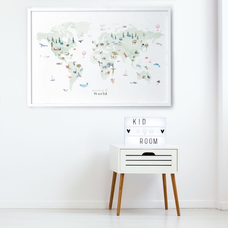 Animals of the World Map FRAMED Wall Art Nursery Decor Etsy
