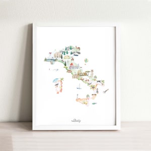 Italien Map Art Print Illustriert, Landkarte Karte für Kinderzimmer, Aquarell Karte, Wanddeko fürs Kinderzimmer, Wandbild Fernweh, Italien