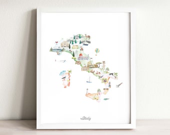 Italy Map Art Print Illustrated, watercolor nursery decor, country map poster for kids rooms, nursery art, travel map, map print wanderlust