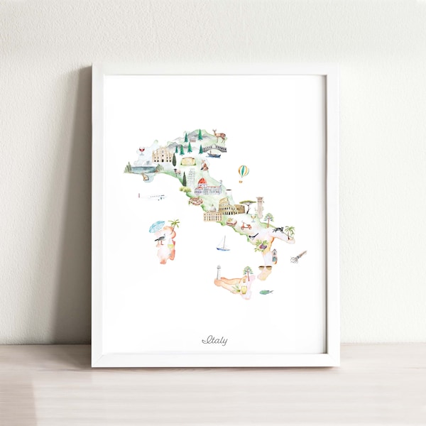 Impresión artística del mapa de Italia: lugares emblemáticos en acuarela, decoración infantil