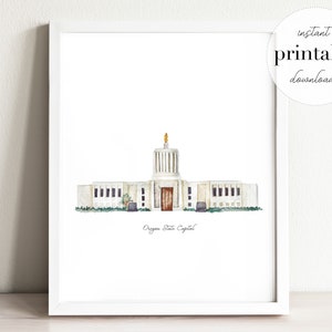 Oregon State Capitol Watercolor Art Print: Travel Home Decor (Digital Download)