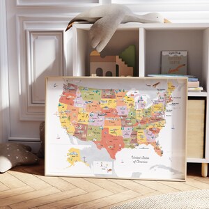 Edukative Karte der Vereinigten Staaten von Amerika zum Ausdrucken | USA Landkarte | Kinderzimmer Dekor | reise print, Zeichnung, Karte, Kunst, Wandkarte, USA-Karte, Staaten