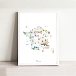 Impression d'art carte de France illustrée, décoration de chambre d'enfant à l'aquarelle, affiche de carte de pays pour chambre d'enfant, oeuvre d'art pour chambre d'enfant, carte de voyage, impression de carte envie de voyager