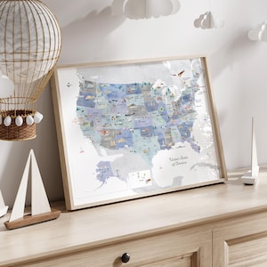 Coole Töne Lehrreich Illustrierte Landkarte der Vereinigten Staaten von Amerika Kunstdruck | Kinderzimmer Dekor Wandkunst | Hochzeitsgeschenk | USA Reisekarte | Amerika Landkarte