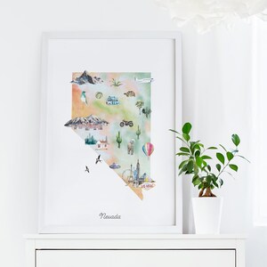 Carte illustrée de l'État du Nevada, impression d'art mural, décoration de chambre d'enfant, art mural de chambre d'enfant, affiche de carte d'État, carte de voyage aux États-Unis, chambre d'enfant, Las Vegas