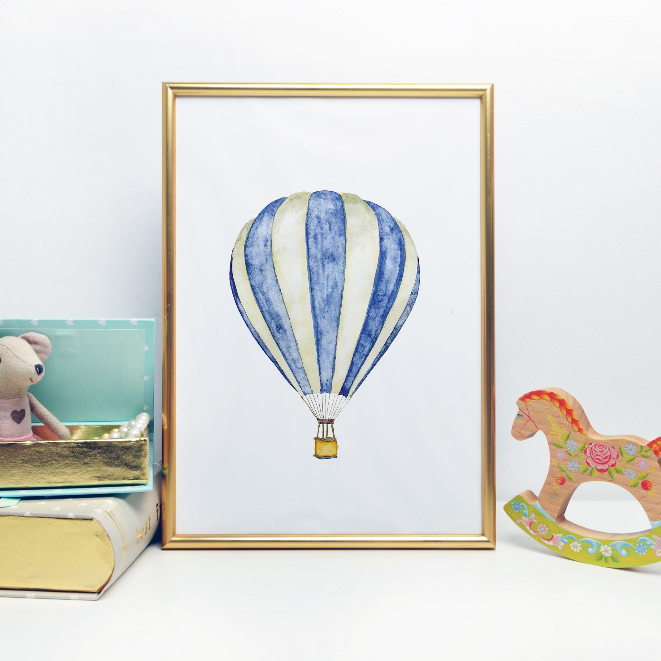 Blue Hot Air Balloon Printable Illustration Wall Art Print - Etsy