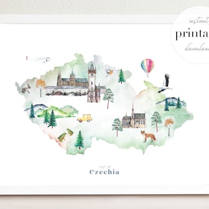 República Checa Mapa ilustrado Imprimible, impresión de arte mural, decoración de guardería, punto de referencia, habitación para niños, impresión de viaje, dibujo, mapa del país, chequia