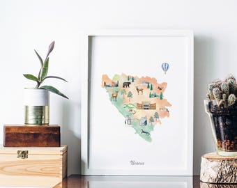 Bosnia and Herzegovina Map Art Print: Watercolor Travel Decor
