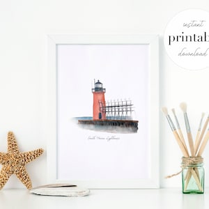 South Haven Lighthouse Printable, michigan, art print, nursery decor, landmark, kids room, travel print, watercolor, home decor