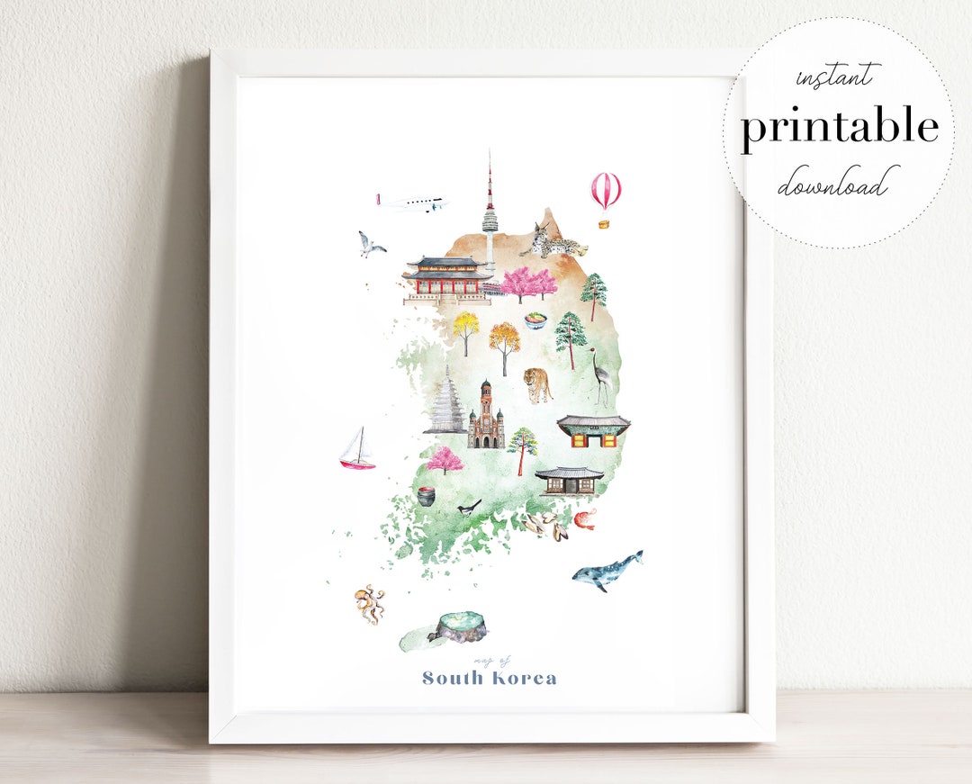 South Korea Illustrated Map Printable Wall Art Print Nursery - Etsy
