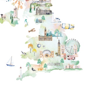 United Kingdom Map Print: Watercolor Landmarks Art (digital Download ...