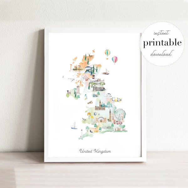 Verenigd Koninkrijk geïllustreerde kaart afdrukbaar, kunst aan de muur print, kinderkamer decor, mijlpaal, kinderkamer, reisprint, tekening, Engeland, landkaart