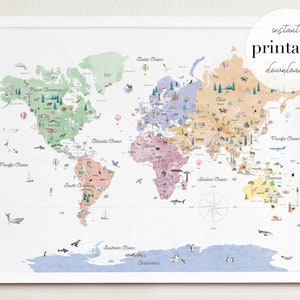 Pastels Educational World Map Printable | Kids World Map | Nursery World Map Art Print | Homeschooling World Map | Travel Print | Home Decor