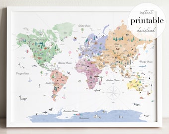 Pastels Educational World Map Printable | Kids World Map | Nursery World Map Art Print | Homeschooling World Map | Travel Print | Home Decor