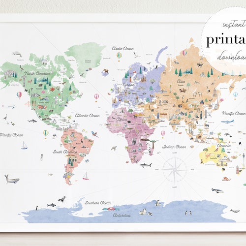 pastels educational world map printable kids world map etsy