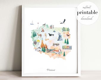 Puede incluir: Una lámina de arte enmarcada que presenta un mapa en acuarela de Polonia en tonos verdes y naranjas. El mapa incluye ilustraciones de un faro, una cigüeña, un ciervo, un bisonte, pinos, edificios y la palabra Poland en la parte inferior.