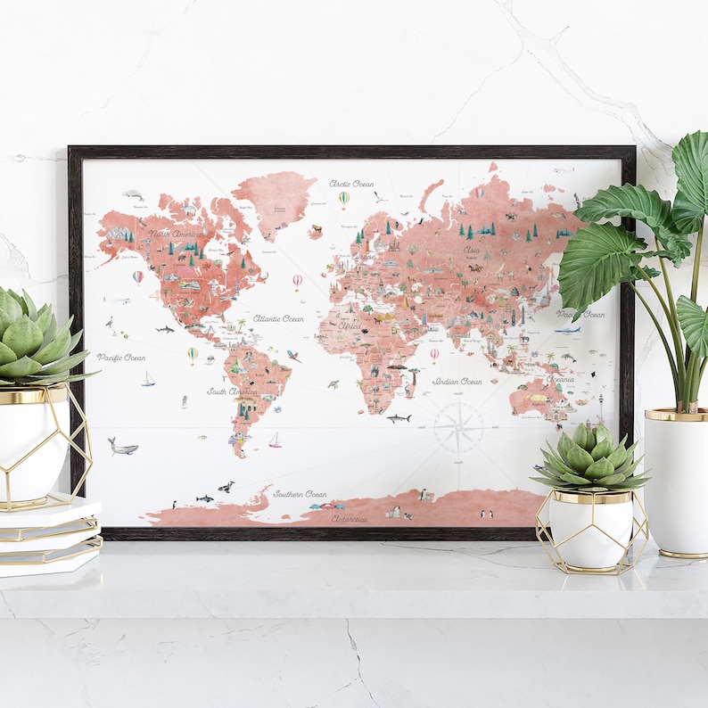 Watercolor World Map Print, Pink Nursery Decor (Digital Download) image 6