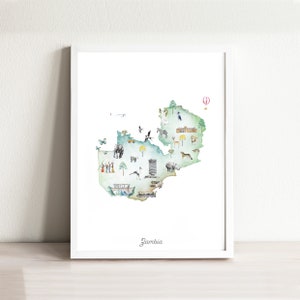 Zambia Mapa Art Print Ilustrowany, wystrój pokoju dziecięcego, plakat z mapą kraju do pokoju dziecięcego, sztuka pokoju dziecięcego, mapa podróży, wydruk mapy żądzy podróży, Afryka