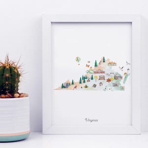 Virginia Printable State Map, illustrated wall art print, nursery decor, nursery wall art, state map poster, USA travel map, kids room