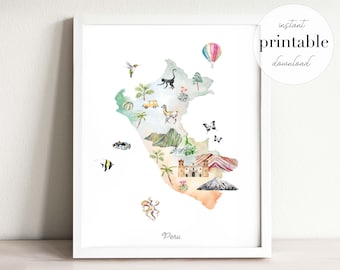 May include: A framed watercolor map of Peru featuring illustrations of a hummingbird, monkey, llama, hot air balloon, fish, octopus, butterflies, palm trees, a building, and a mountain. The text Peru is printed at the bottom of the map.