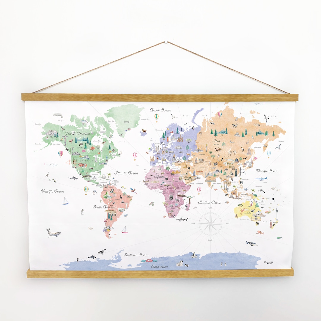 Hanging Canvas Pastels Educational World Map Travel Wall Art - Etsy 日本