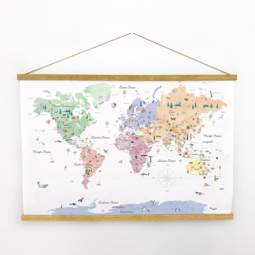 Hanging Canvas Pastels Educational World Map | Travel Wall Art shops | Kids World Map | Nursery Wall Decor | Watercolor World Map | Animal Map