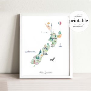 Neuseeland illustrierte Karte Printable, Wand Kunst Druck, Kinderzimmer Dekor, Sehenswuerdigkeiten, Kinderzimmer, Zeichnung, Tier Karte, Landkarte